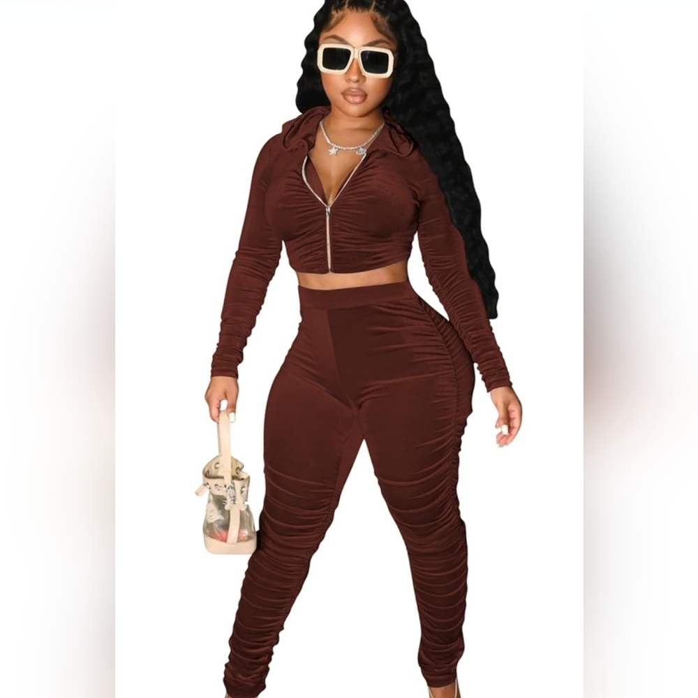 Women's 2 Piece Velour Tracksuit Bodycon Zipper-Up Outfit - Picture 1 of 3